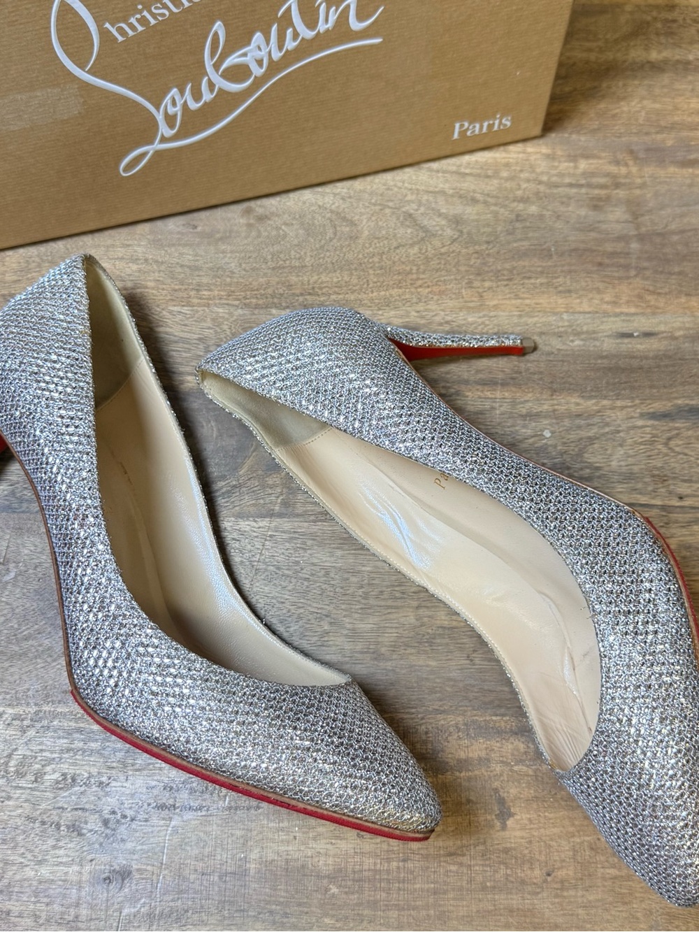 Christian Louboutin Silver Crystal Pointed Pumps with Red Sole